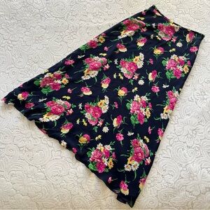 Vintage Lauren Ralph Lauren Silk Navy Floral Midi Skirt 90s Y2K NWOT in Size 4